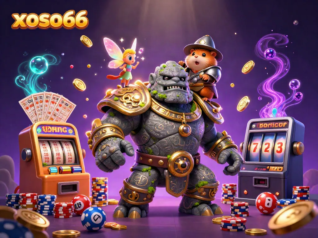 Experience the thrill of xoso66 with fantasy characters amidst cascading gold and exciting lottery elements.