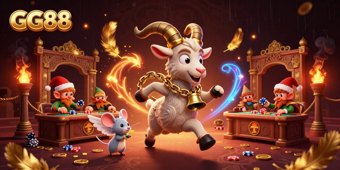 Experience the thrilling GG88 casino scene where a Krampus goat leads, order by an angel mouse, amidst games and golden coins.
