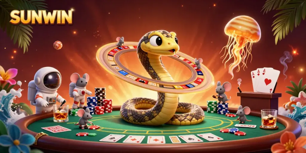 Experience thrilling bets with SUNWIN in this cosmic casino scene featuring playful astronaut mice.