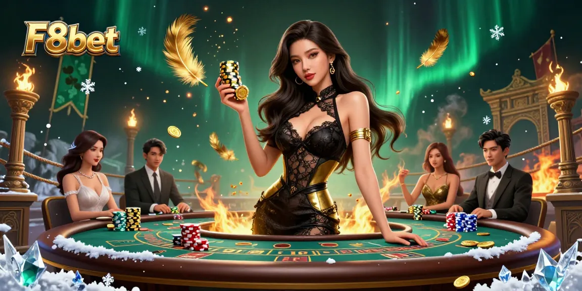 Experience F8bet at an exclusive baccarat game with a stunning Asian dealer and vibrant casino ambiance.