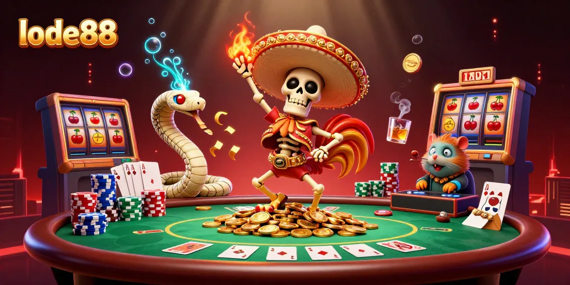 Celebrate wins with lode88's animated casino scene featuring vibrant characters and rich gambling elements.