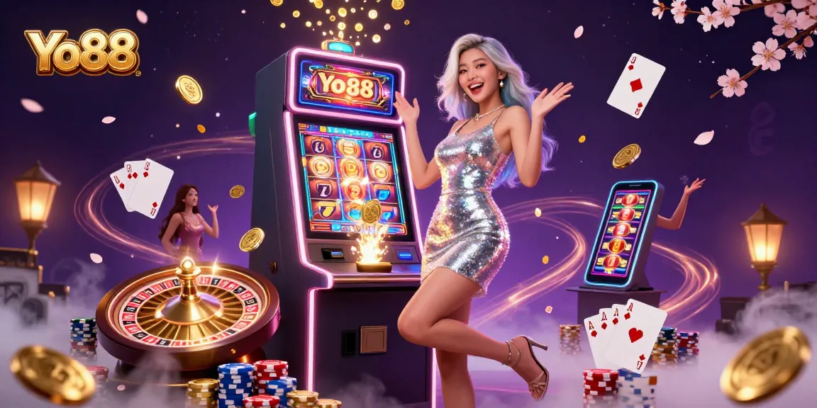 Experience big wins at Yo88 with a stunning jackpot scene featuring golden coins and vibrant casino elements.