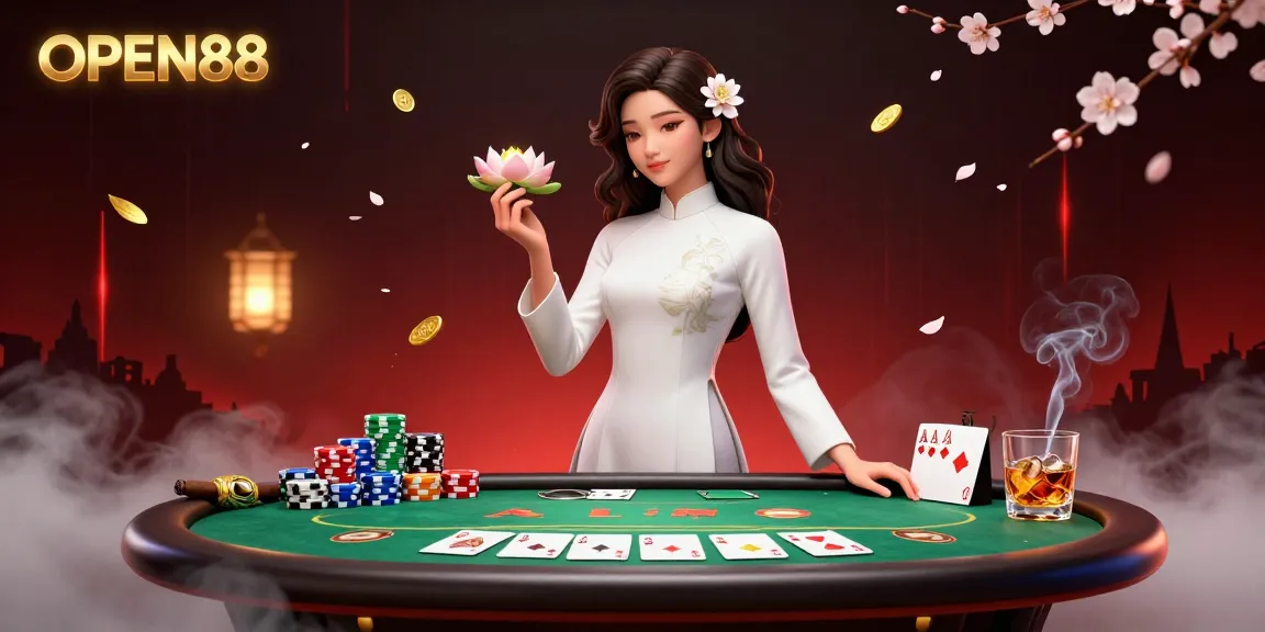 Engaging illustration of OPEN88 showcasing a sophisticated Asian woman in traditional attire, imbued with vibrant gambling elements.
