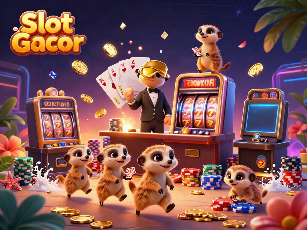 Experience Slot Gacor action with meerkats running a vivid casino operation full of vibrant gaming elements.