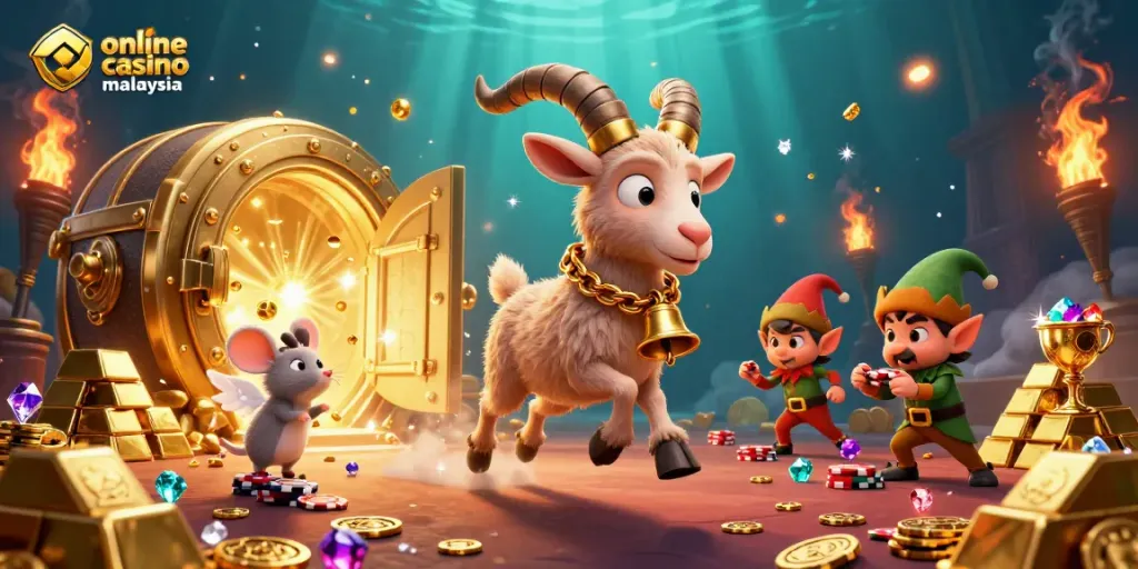 Experience the excitement of online casino malaysia with playful characters in a vibrant 3D scene.