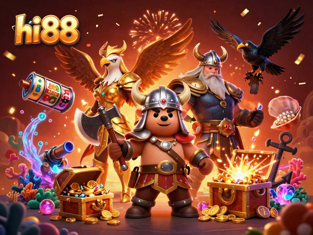 Experience excitement at hi 88 with a vibrant casino-themed 3D illustration featuring dynamic characters and game elements.
