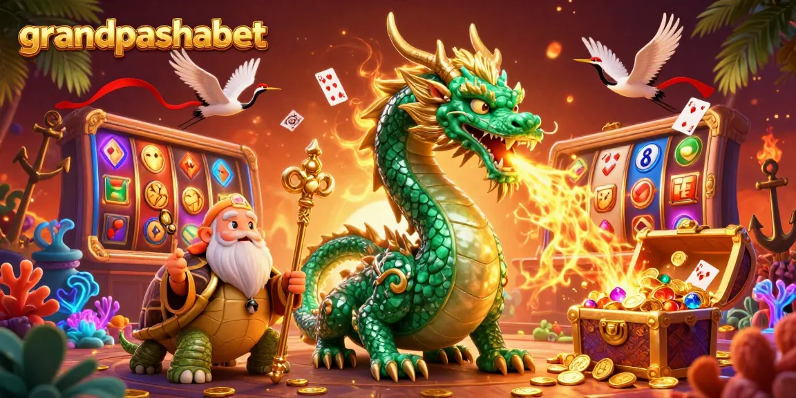 Win big at grandpashabet with a vibrant casino scene of a jade dragon and lucky cranes!