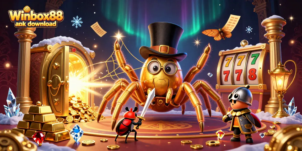 Winbox88 apk download features an enchanting 3D scene depicting casino excitement with gold and jewels.