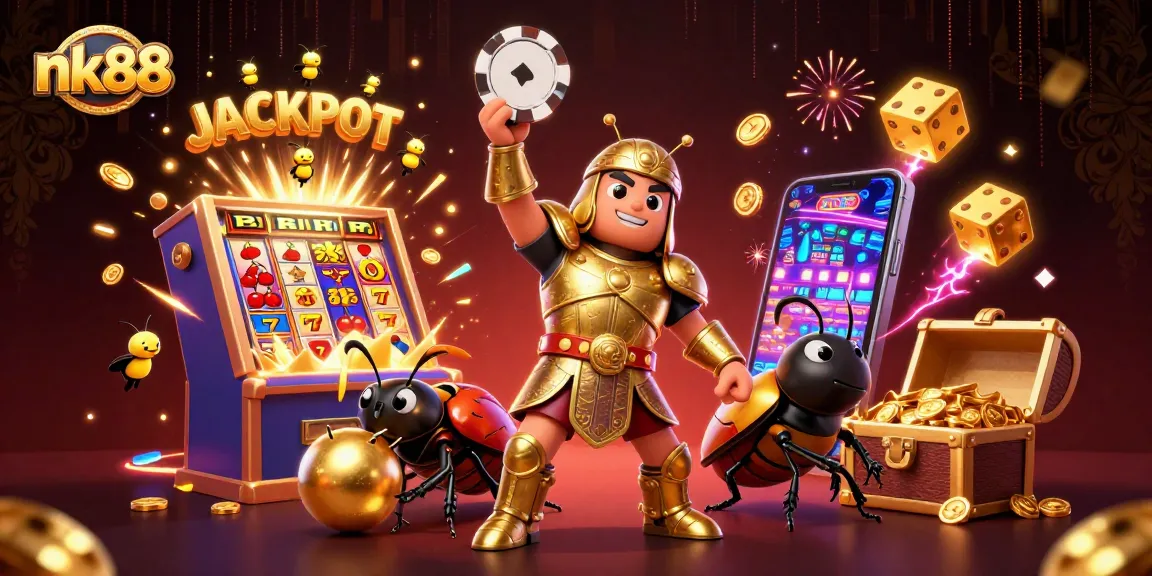 Experience the exhilarating jackpots at nk88 with vibrant slots and golden beetles celebrating wins.