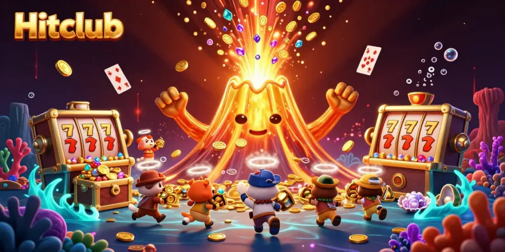 Experience the excitement with Hitclub as a golden volcano erupts coins and gems amidst slot machines.