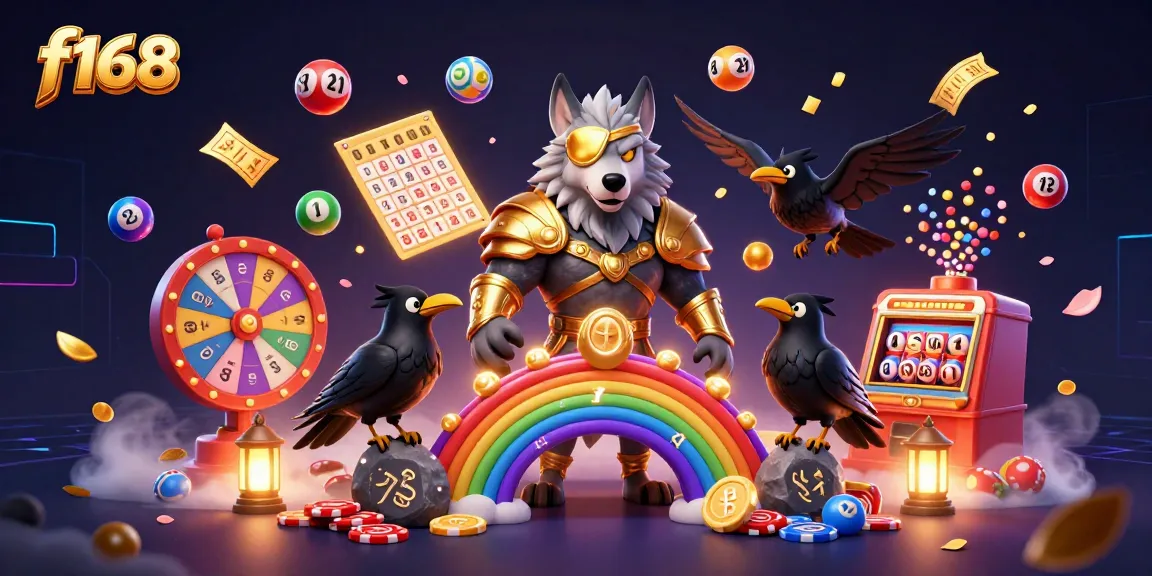 Experience the exciting universe of f168, where a Norse-inspired wolf guardian stands over vibrant lottery games.