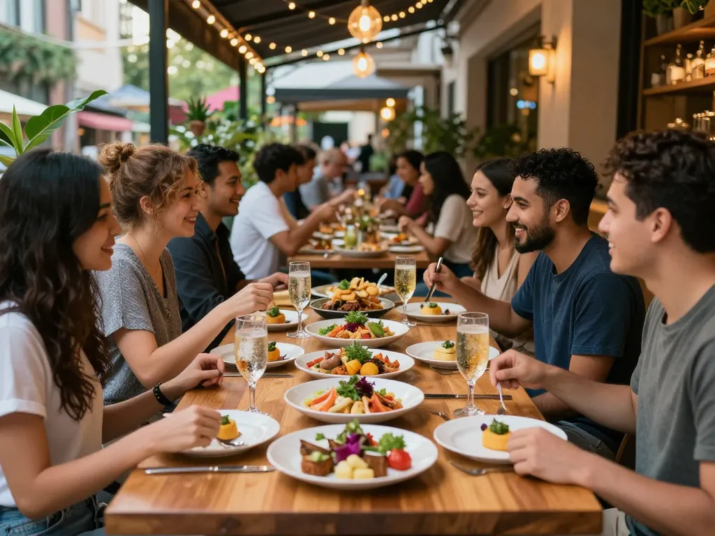 Diverse dishes and drinks enjoyed by friends at Pokerseri restaurant.