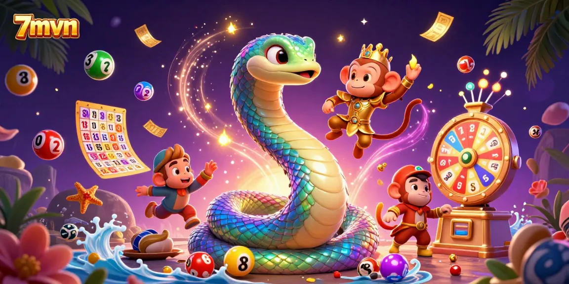 Experience the thrill of 7mvn with a vibrant digital illustration of a rainbow serpent and monkey king surrounded by dynamic lottery action.