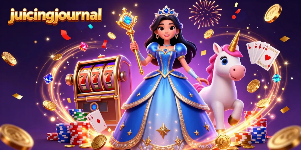 Experience exciting gameplay at juicingjournal with a stunning 3D character illustration featuring slot machines and dazzling gems.