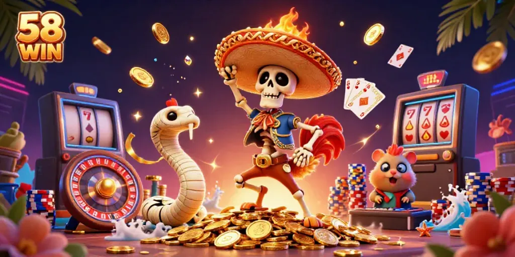 Experience the excitement of 58 WIN as a mariachi rooster celebrates on gold coins amidst casino treasures.