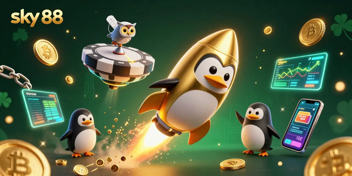 Experience thrilling action at sky 88 with a vibrant casino-themed illustration featuring a golden penguin.