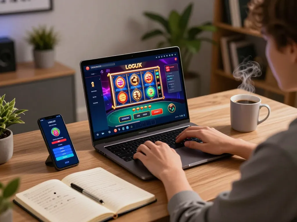 Engaging scene showing a player performing LGOLUX LOGIN on a laptop, decorated home office setup with casino interface and gaming tips.