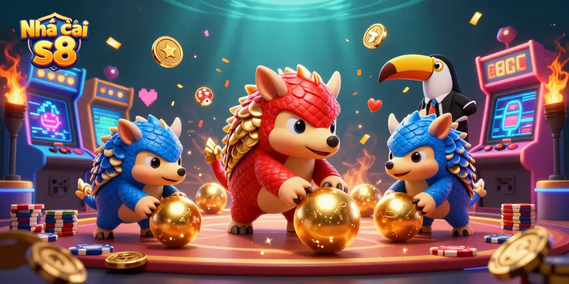 Engage with Nhà cái s8 casino fun featuring pangolins playing with golden poker chips in a vibrant, dynamic scene.