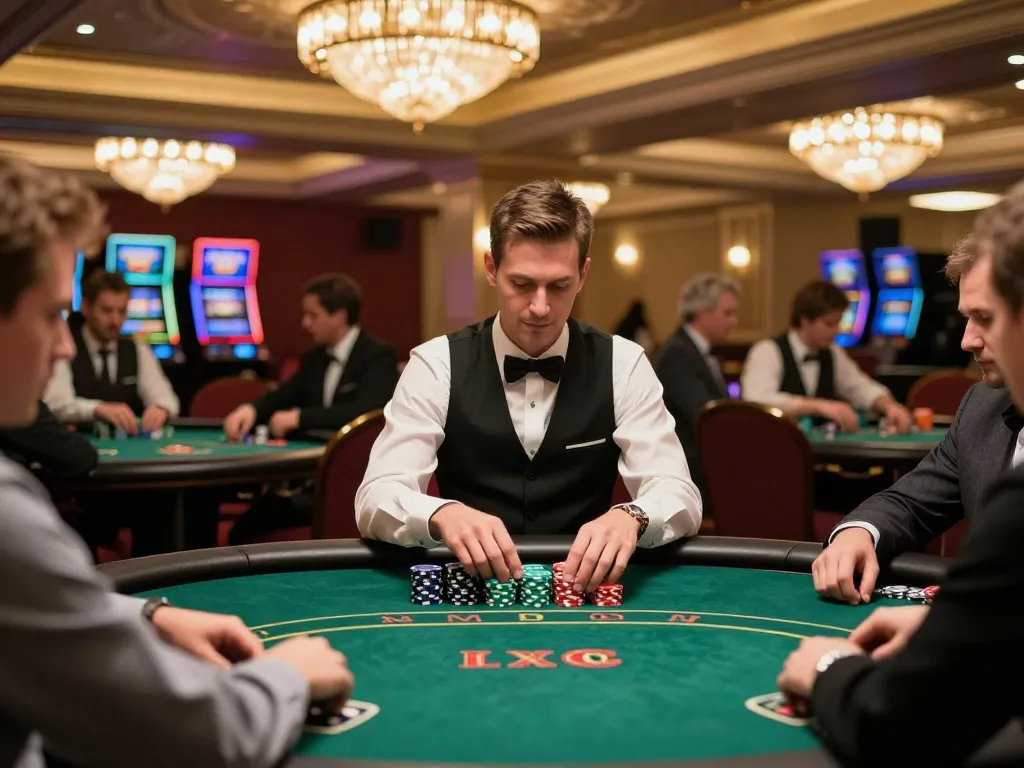 Players engaging in strategic gameplay at f8bet poker table with warm casino lighting.