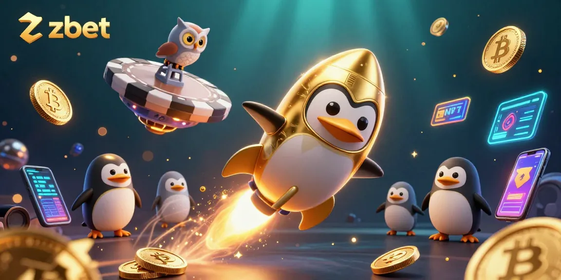 Bet on zbet with a thrilling 3D illustration of a rocket-powered golden penguin and crypto elements.