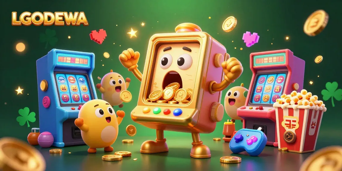 Experience excitement with LGODEWA as a golden slot machine hits the jackpot, surrounded by cheering companions and glowing arcade elements.