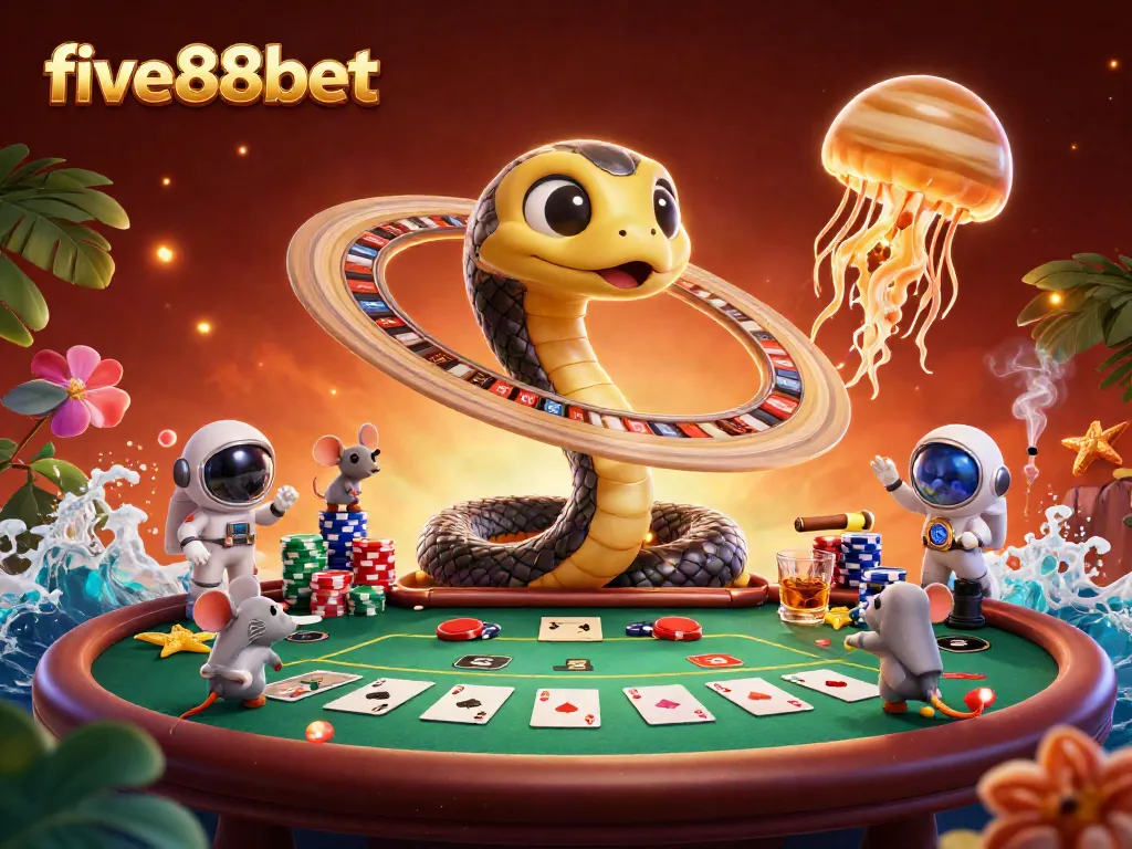 Experience the thrill of gambling at five88bet with a cosmic casino scene featuring unique characters.