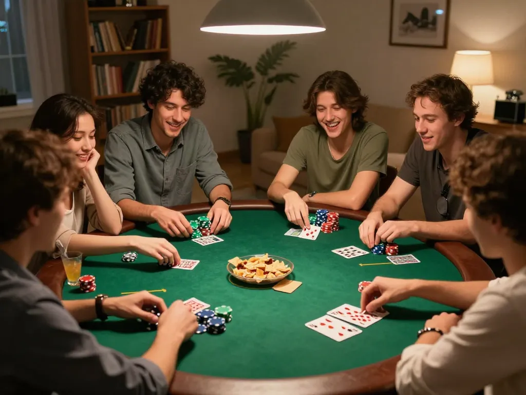 Engaged players analyzing their hands in Đánh Bài Take2 poker game night with chips and cards.