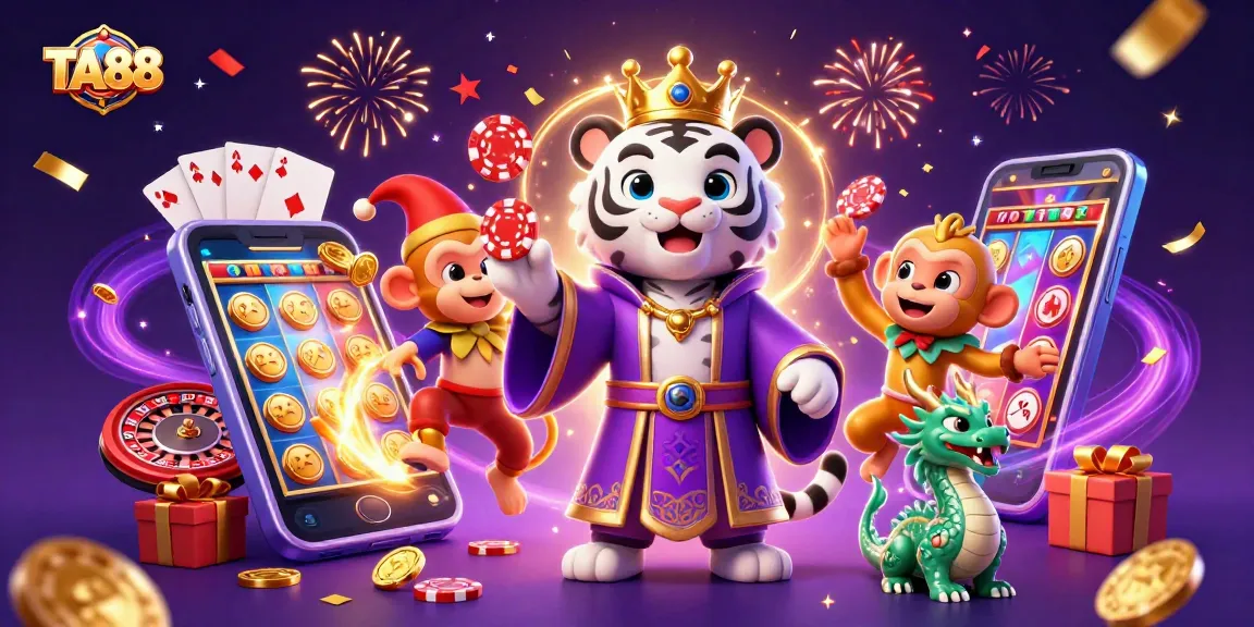 Experience TA88 with a playful jester and majestic tiger in a vibrant casino scene.