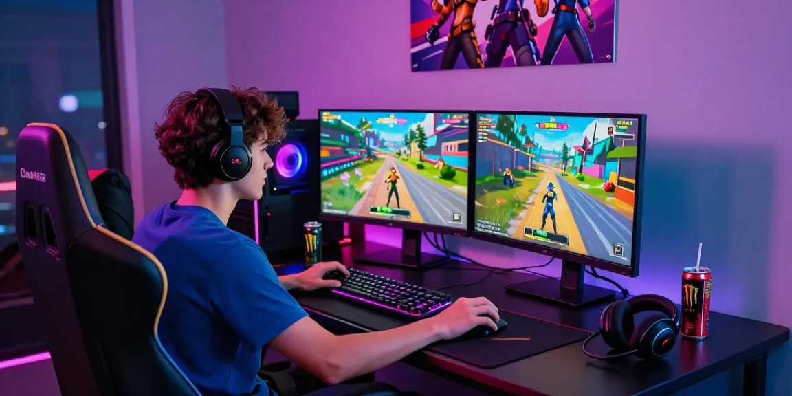 Gamer using Fortnite Hacks on high-end gaming setup with immersive LED lights