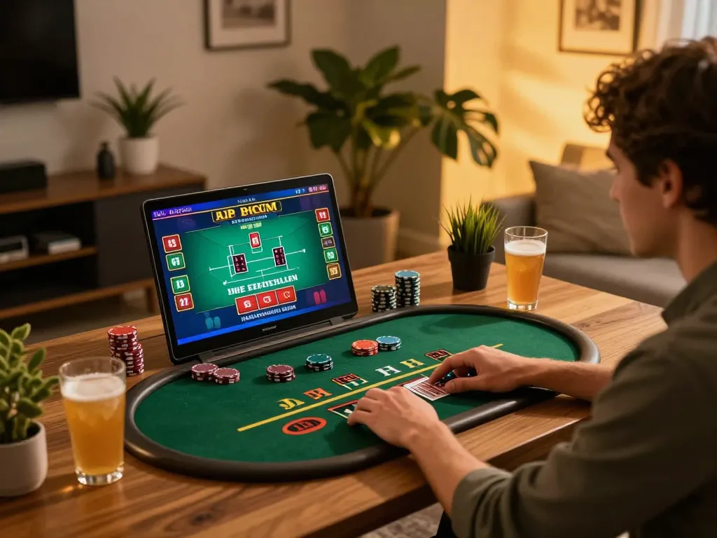 Player engaging in xx88 online blackjack, focused on live dealer game strategy at home.