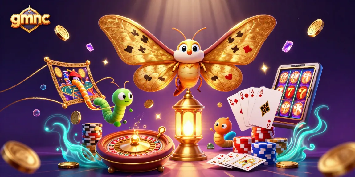 Experience the vibrant world of gmnc with a majestic atlas moth amid cascading casino riches.