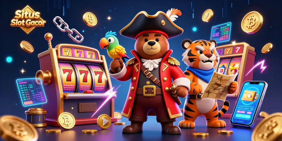 Situs Slot Gacor showcases a colorful 3D digital illustration with cartoon pirate characters and casino elements, highlighting engaging gameplay.