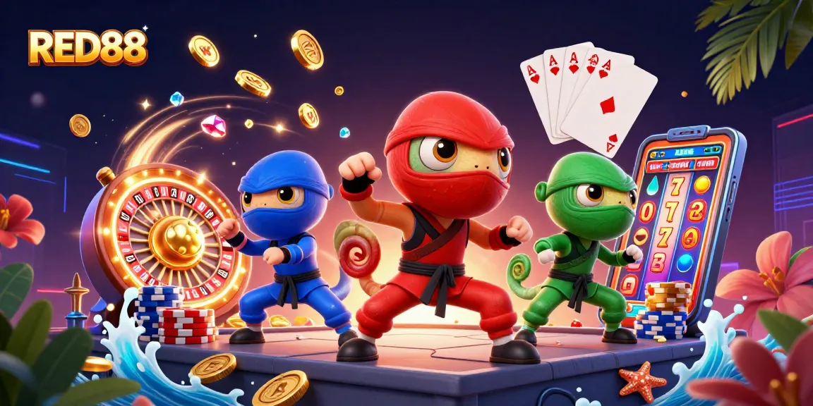 Engage in thrilling gaming at RED88 with chameleon ninjas showcasing casino excitement
