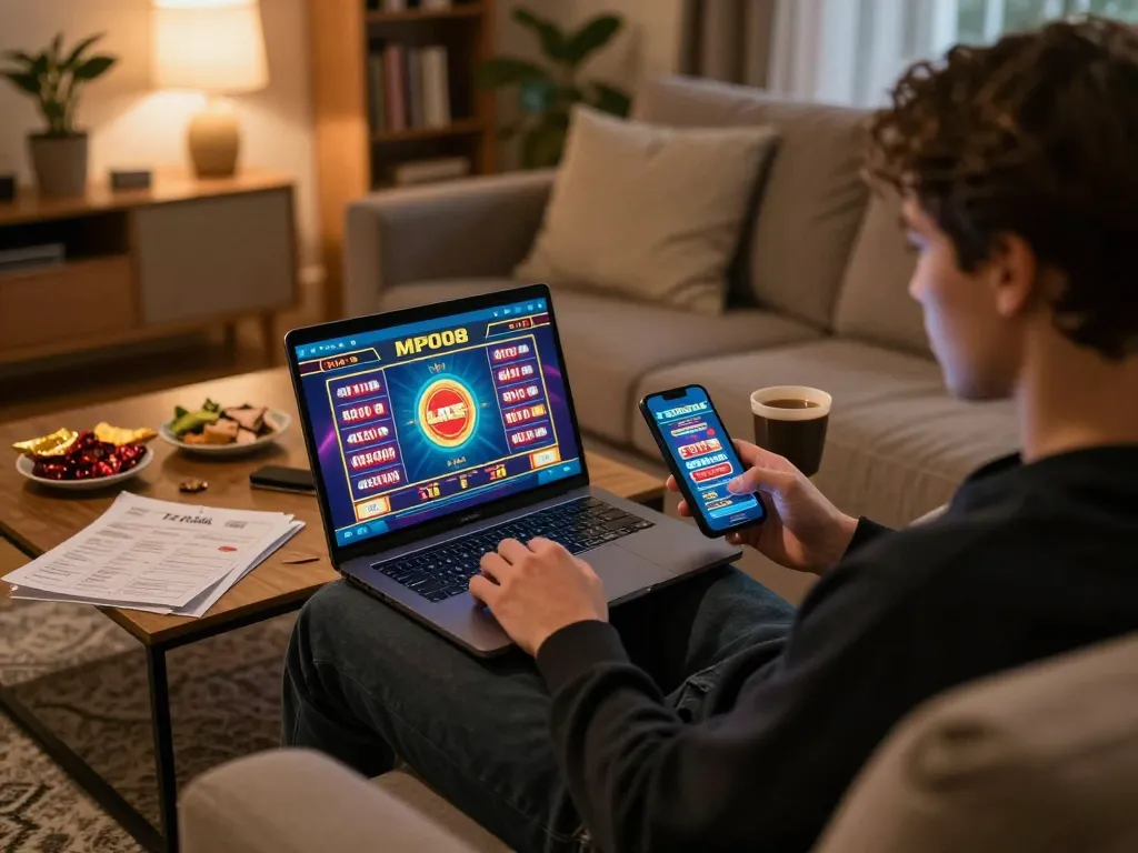 Engaged player exploring MPO08 Link casino games on their laptop at home.