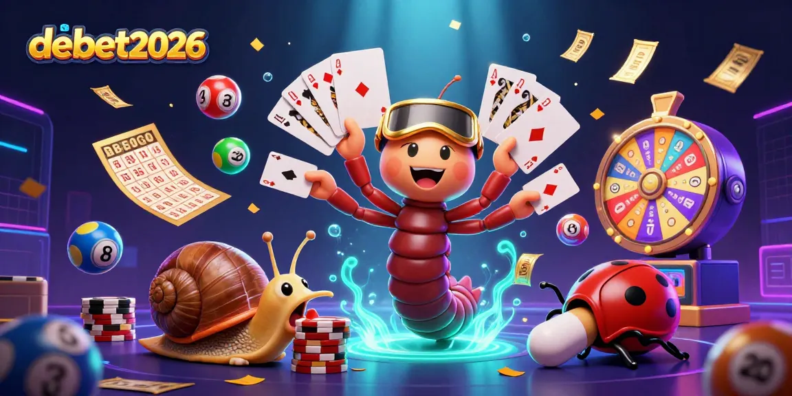 Engage with debet2026's dynamic gaming scene featuring a millipede dealer and vibrant lottery elements.