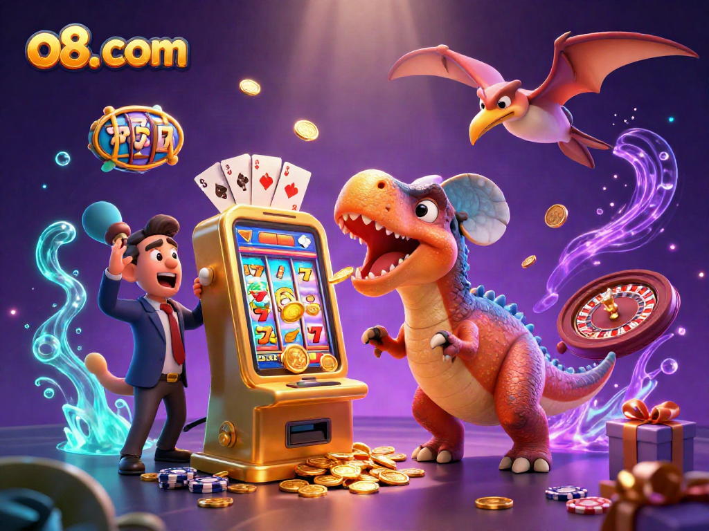 Catch flying coins in a vibrant scene showcasing o8. com with slots and dinosaurs for online gambling fun.