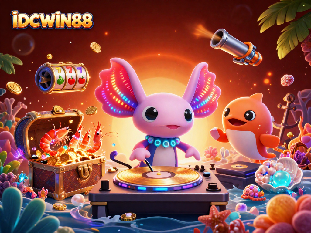 Experience IDCWIN88 action with a vibrant 3D underwater casino scene featuring a DJ and dancing sea creatures.