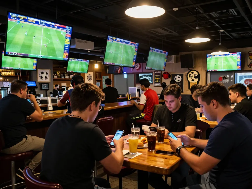 Excited bettors analyzing live soccer matches in a lively sports bar atmosphere.