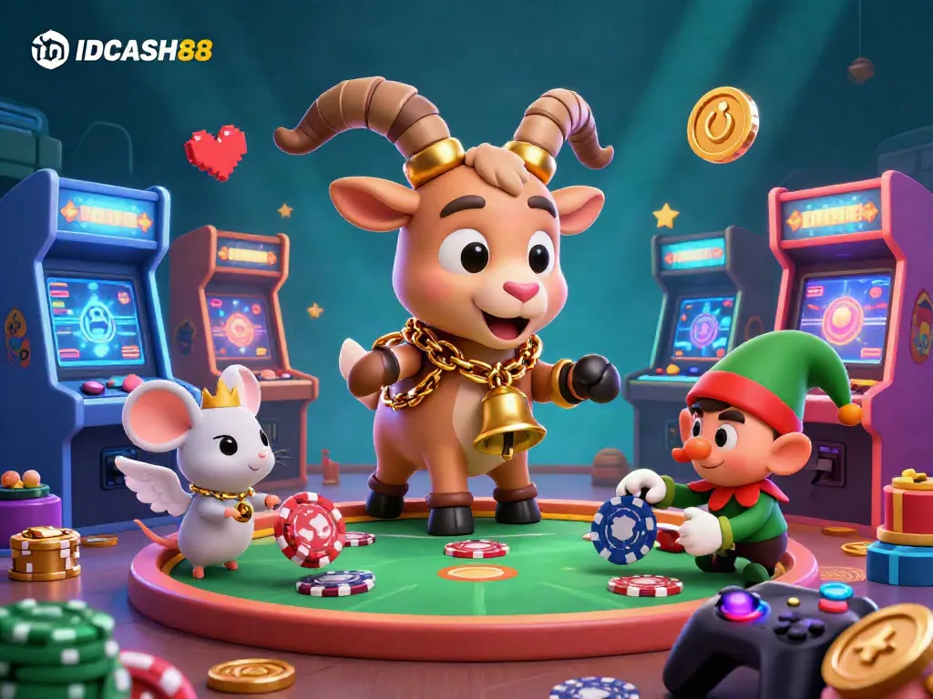 IDCASH88 immersive gaming scene with Krampus goat, angel mouse, and elf gremlins creating thrilling casino chaos.