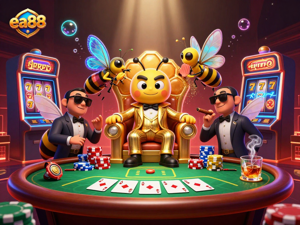 Experience thrilling gameplay at ea88 with an engaging casino atmosphere, colorful poker chips, and vibrant slot machines.