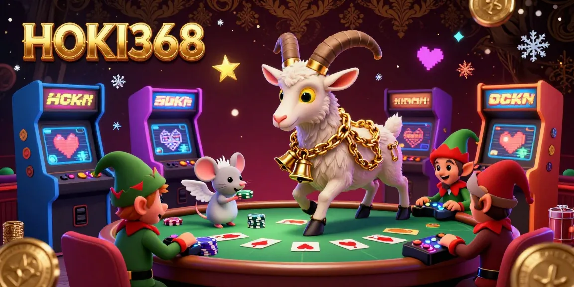 Experience HOKI368’s vibrant casino scene with a whimsical Krampus goat, angel mouse, and mischievous gremlins.