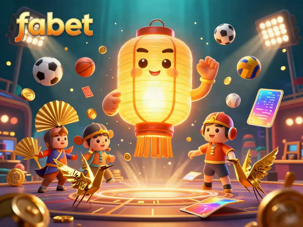 Experience vibrant action with fabet, showcasing a golden lantern spirit amidst dynamic casino elements and sports balls.