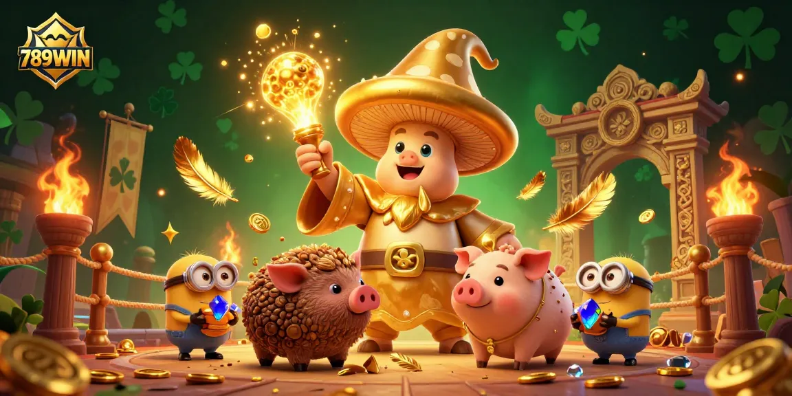 Engage with 789WIN's magical 3D casino scene featuring a wizard and treasures.