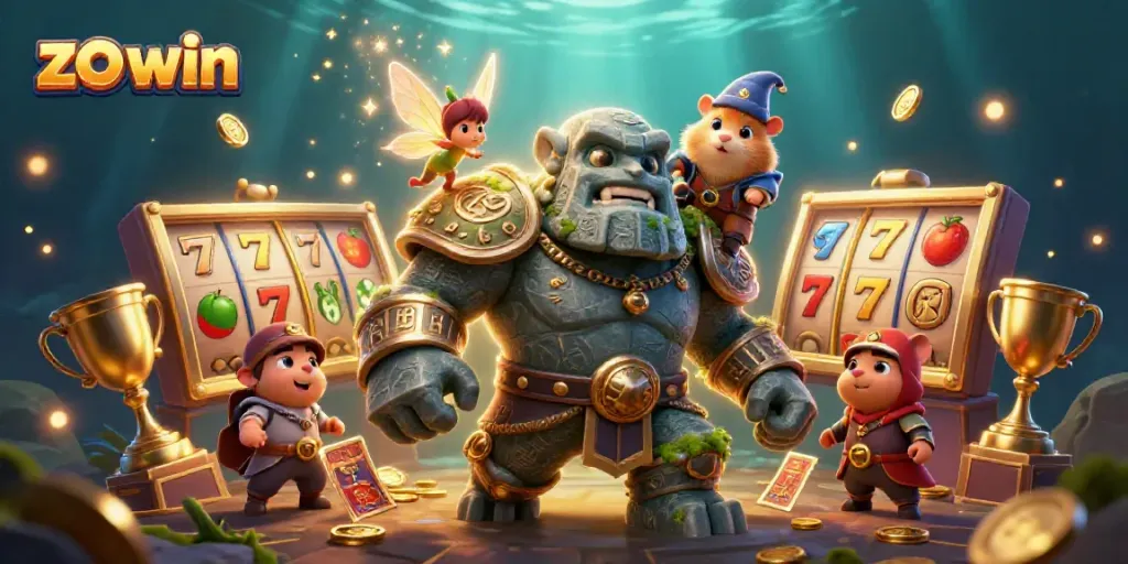 Engage and win with zo win at the vibrant online casino showcasing slot reels and magical characters.