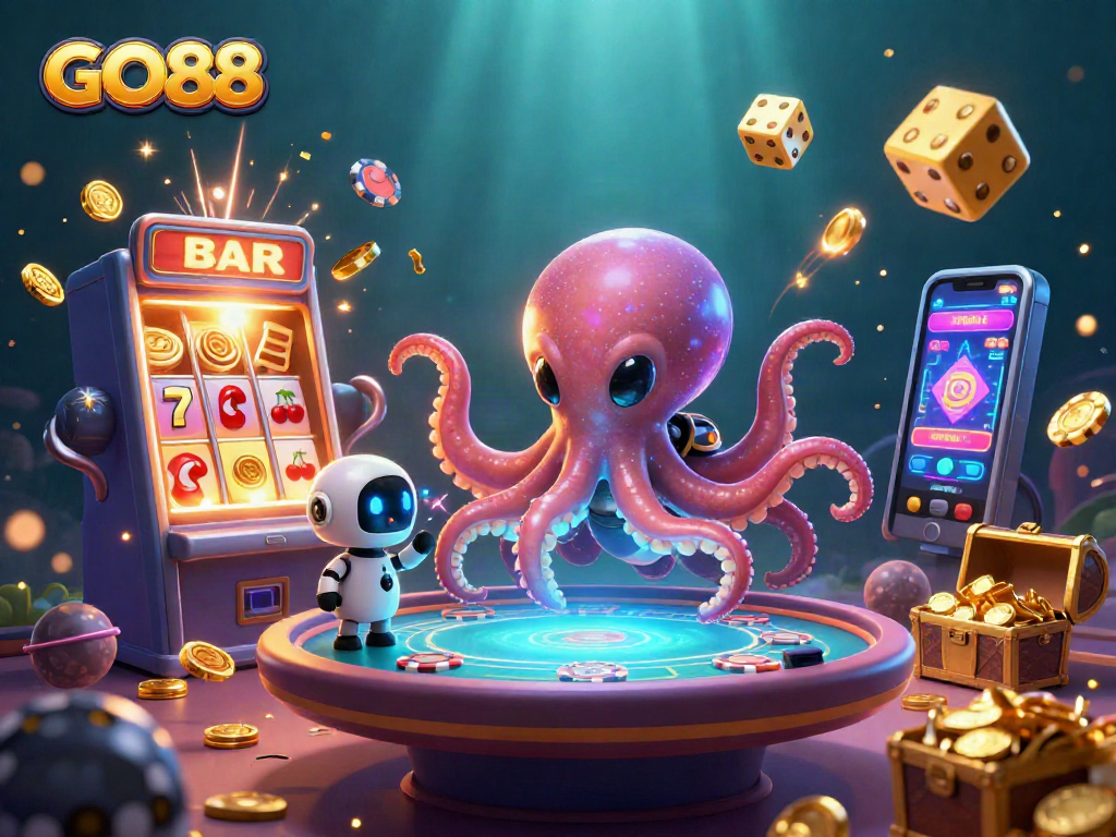 Engage in thrilling casino action with GO88's dynamic gaming atmosphere featuring an alien octopus and poker elements.