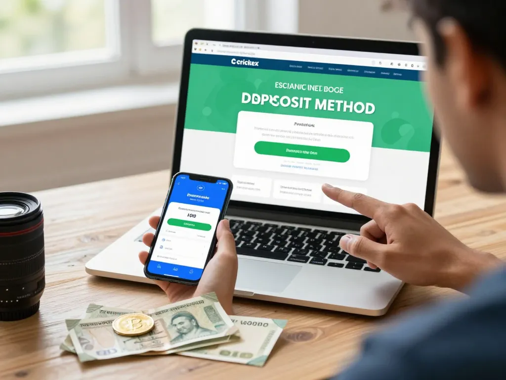 Crickex deposit process featuring user making an instant deposit with payment options like UPI and cryptocurrency in a vibrant online betting environment.