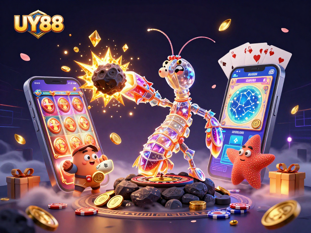 Engage with UY88's thrilling online slot games as a mantis shrimp character powers through golden gems and coins.