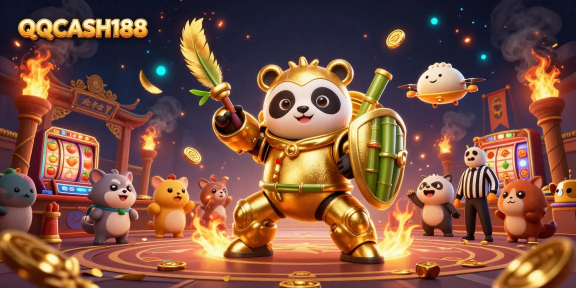 Experience the excitement of QQCASH188 in this vibrant casino arena illustration with engaging characters and action elements.