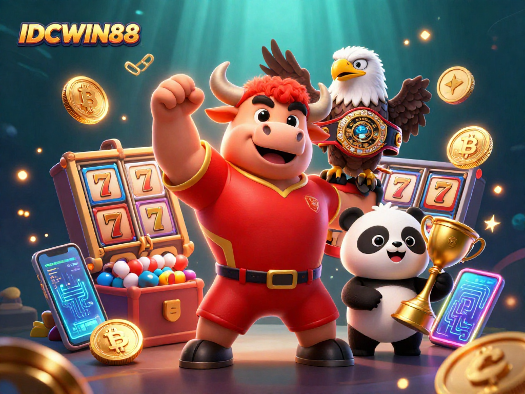 Engage with IDCWIN88's thrilling gaming experience showcasing fun characters, vibrant casino elements, and winning opportunities.