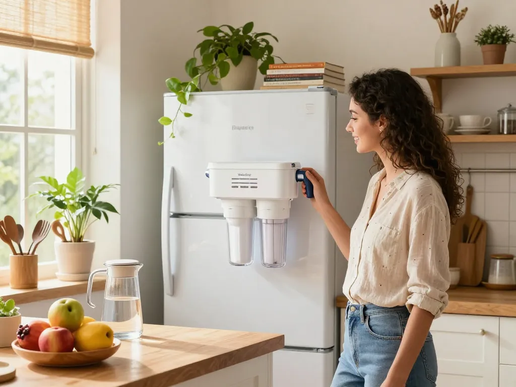 Waterdrop Replacement filter for Frigidaire® & Electrolux® EAFCBF® held by a woman in a bright kitchen, promoting healthy living.